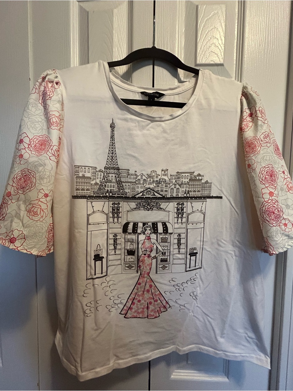 Love & Lace Women’s White Graphic Tee with Pink Floral Puff Sleeves